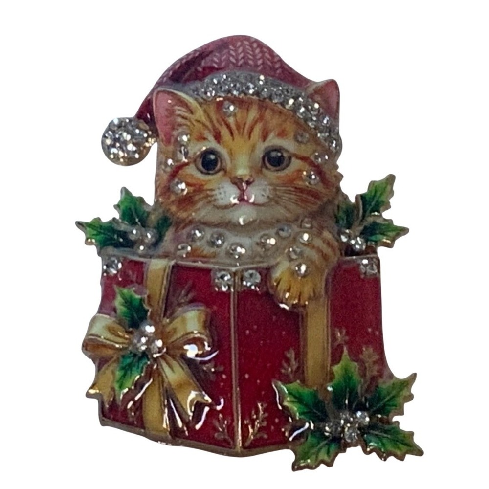 Christmas Cat Enamel Brooch Rhinestone Kitten in Gift Box Holiday Pin Gold Tone